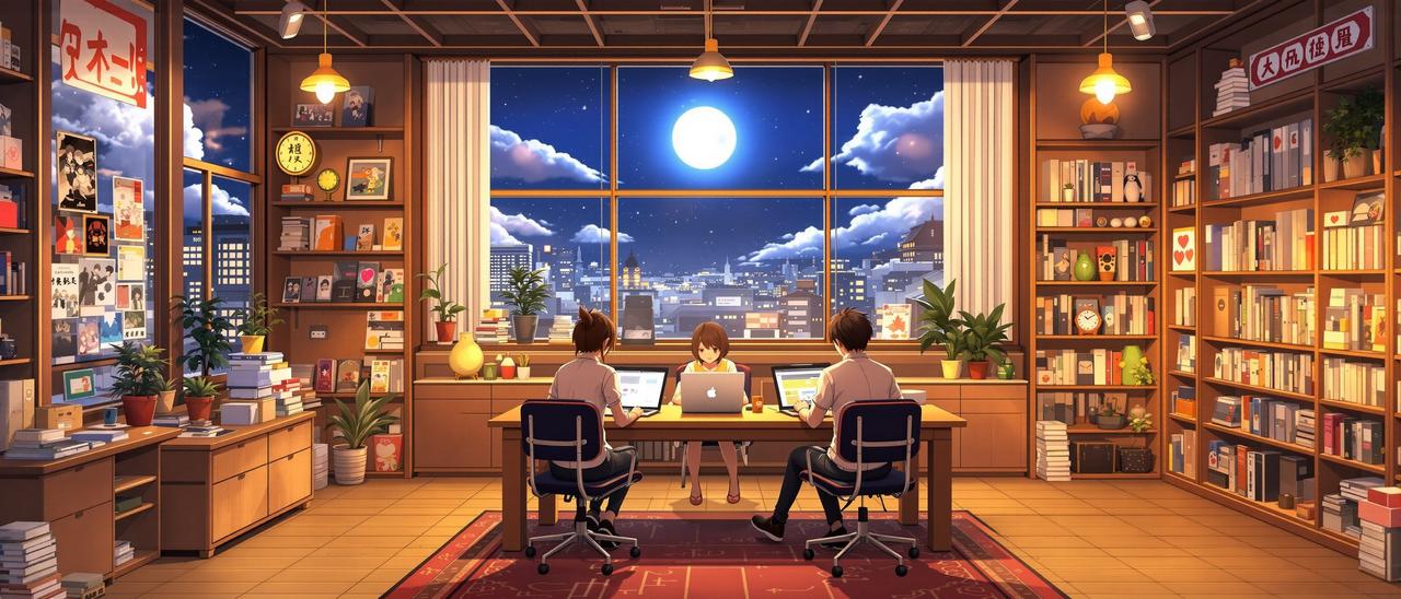 妖精漫画团队工作场景 - 月光下的动漫编辑部，充满番剧海报与温暖灯光